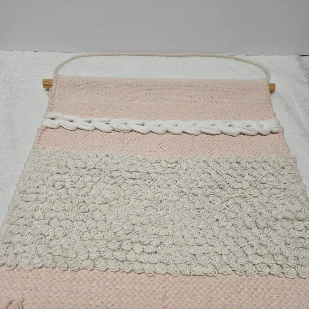 Vintage Handcrafted Macrame Tapestry Pink Wall Hanging Boho Decor Cottagecore
